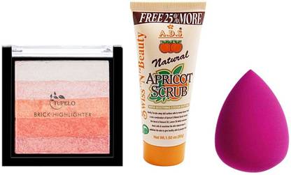 TUPELO Combo pack of Brick Highlighter for women & Ads natural apricot scrub for all skin types & one make up beauty blender for women