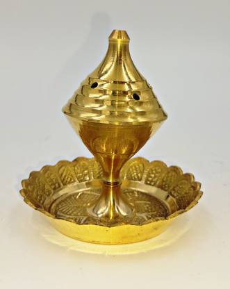 NAVYAKSH Pure Brass Embossed Design Agarbatti stand/Incense Stick Stand/Holder with Dust Brass Table Diya