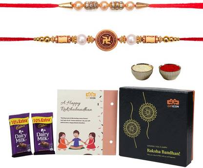INDIAN BASICS Gifticon 2 Rakhi with Chocolate under 200 Combo pack of 2 Dairy Milk 1 Rakhi Greeting Card and Roli Chawal Gift set Assorted Gift Box