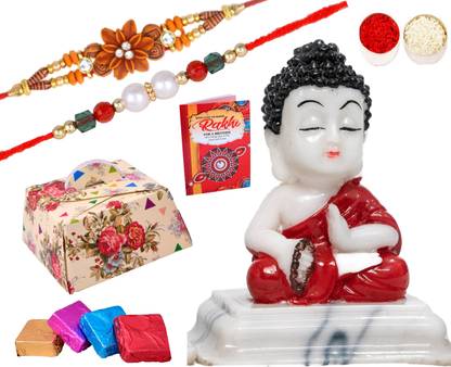 MANTOUSS Rakhi for Brother Combo/Rakhi for brother with gift/Set of 2 rakhi for brother with chocolate-1 floral(Flower) Rakhi+1 beads Rakhi+Showpiece figurine+roli, chawal+Rakshabandhan greeting card Assorted Gift Box