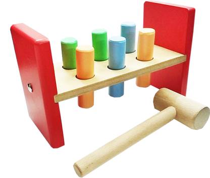 HNT Kids Wooden Hammer with 6 Peg Toy Pounding Bench| Hammering Block |Punch Drop Instruments with Mallet for Early Education of Toddler