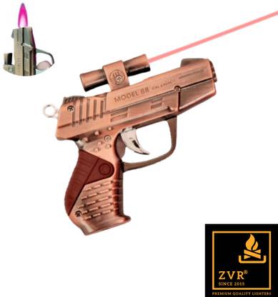 ZVR 2 In 1 Metal Gun Shaped Windproof Flame Gun Cigarette Lighter + Red Laser Light| Pistol Lighter Small Pocket Portable Slim Premium Quality Lighter for Smokers | Red Laser Pointer Gun Pocket Lighter