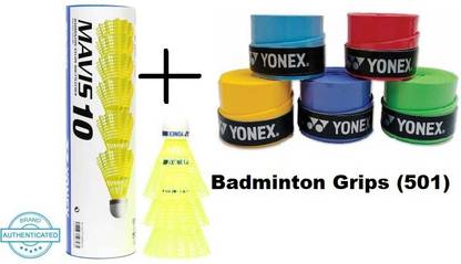 YONEX MAVIS 10 Nylon Shuttle - Yellow (Slow, 75, Pack of 6) with handle grips (5) Badminton Kit