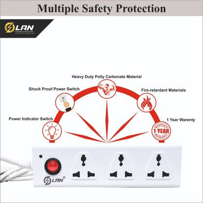 Polycarbonate 1500 Watt Extension Board with 3 Universal Sockets and 2 meter long cord (Gray) 3  Socket Extension Boards