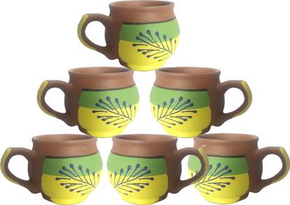 Sarvosarth Pack of 6 Earthenware Green and Yellow Print Cup Set