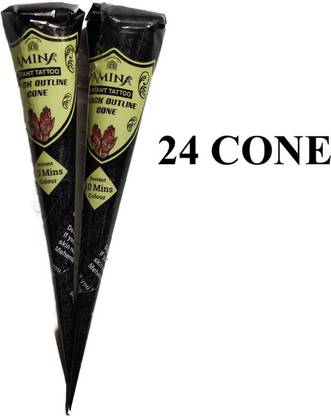 Amina Henna Instant Tatto Black Outline Mehndi / No Chemicals Dyes - Color Paste Cone (24 Cone) (2 Box) Natural Mehendi