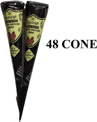 Amina Henna Instant Tatto Black Outline Mehndi / No Chemicals Dyes - Color Paste Cone (48 Cone) (4 Box) Natural Mehendi