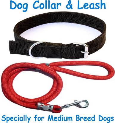 ADIOS Nylon Dog Belt Combo of Black Dog Collar with Red Lead 1.2m Lengthy Dog Collar & Leash