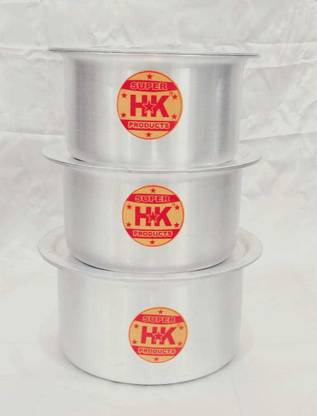 Super HK Aluminium Patila/Bhagona/Tapeli Set (3, 5 & 7 Litre) with LID Pot 25.57 cm, 28.07 cm, 30.41 cm diameter 3 L, 5 L, 7 L capacity with Lid