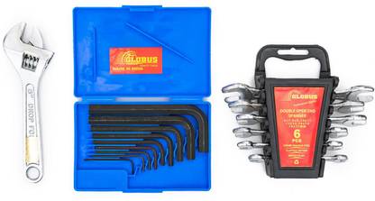 Globus 898..ALLEN KEY SET/9 PCS, ADJUSTABLE WRENCH CHROME 6" AND DOUBLE OPEN END SPANNER SET/6 PCS IN RAKE Hand Tool Kit