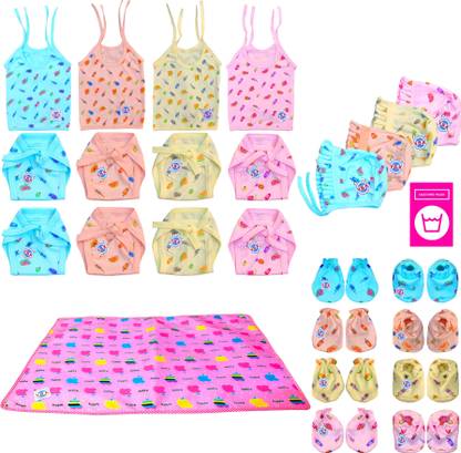V.B.K Baby Boy and Baby Girl Clothing Set Combo Pack With Jhabla (4 Pcs), Nappy (Langot) (8 Pcs), Hand Mittens (Gloves) (4 Pair), Leg Booties (Socks) (4 pair), Cap (4 Pcs) and Baby Diaper Changing Waterproof Bed Protector Mat (1 Pcs), Pure Hosiery Soft Fabric, 0 to 6 Months