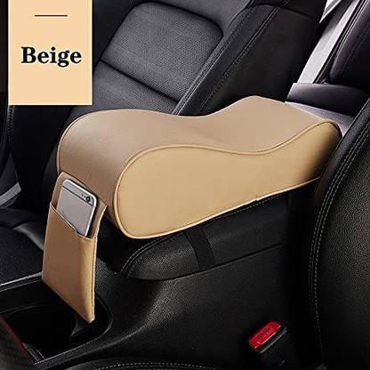 Automaze Center Console Armrest Thick Cushion,Soft Memory Foam PU Leather Height Arm Rest Pad with Phone Pocket Storage Bag (With Front Pocket, Beige) Car Armrest Pad Cushion
