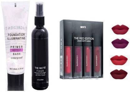 GTC-BEAUTY Face Makeup Combo set 4pc Mini Liquid Lipstick, 1 Makeup Fixer with primer (1 Items in the set)