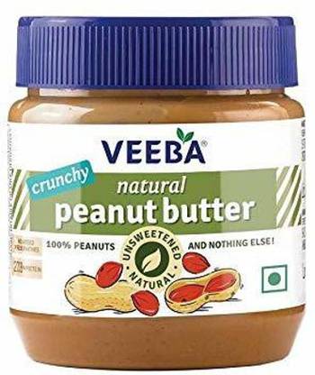 VEEBA Natural Peanut Butter Crunchy - Unsweetened, (100% Peanuts) Jar, 340 g