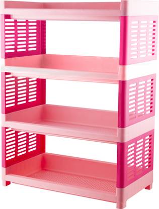 POLYSET Containers Kitchen Rack Plastic Magnum 4 Tier Multipurpose Trolley Utility Organiser Rack - Rectangle - Pink