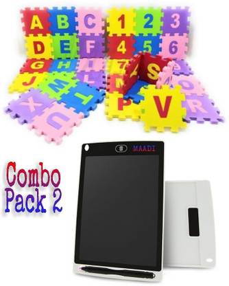 Maadi ABC, Numbers & LCD Re-Writing Notepad Board Slate for Drawing, Sketch, Art, Writing with Playing Learning & Study Puzzle Mat for Kids Fun Activity