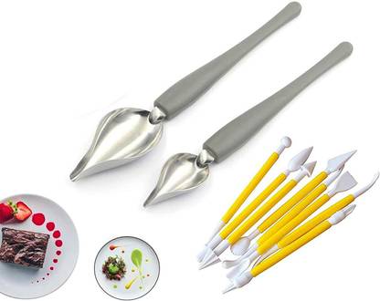 S.B.ANJALI Professional Small Precision Culinary Drawing Decorating Spoons Set-2, Saucier Spoons, Multi-use Stainless Steel Chef Culinary Drawing Spoons for Decorative Plates, Cake, Coffee & 8 Piece Fondant Cake Cookie Plunger Cutter Sugarcraft Flower Leaf Butterfly Heart Shape Decorating. Stainless Steel Serving Spoon Set