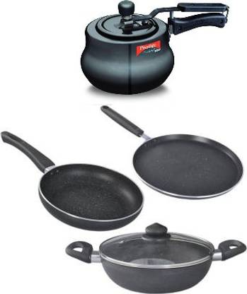 Prestige Black Induction Base 3 Litre Pressure Cooker And Combo Induction Bottom Induction Bottom Non-Stick Coated Cookware Set
