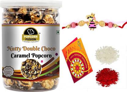 Popcorn Fusion Nutty Double Chocolate Caramel Popcorn with Designer Peppa Pig Rakhi Combo