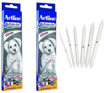 Artline Love -Art 6 sketch Pencils - Pack of 02 (12 PENCILS) + Blending/Smudging Stumps Set of 6 (Size 1 to 6) Pencil