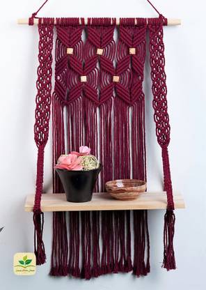 zazza home decor Macrame Wall Hanging Shelf Bohemian Decorative Shelves for Bedroom Kitchen Bathroom Room(Size: 25 x 16 inches). (Red). Wooden Wall Shelf