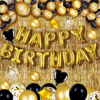 SensibleDecoraters Black Birthday 72 pc Combo with Golden Happy Birthday Metallic & Balloon,