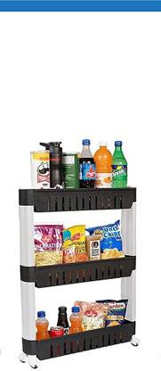 NEWON 3 Tier Kitchen Storage Organizer Rack Holder with Wheels(3 Layer) (Black & White) Plastic Kitchen Trolley Plastic Kitchen Trolley