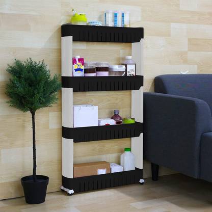 NEWON 4 Tier Kitchen Storage Organizer Rack Holder with Wheels(4 Layer) (Black & White) Plastic Kitchen Trolley Plastic Kitchen Trolley