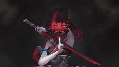 Anime Girls Sword Red Fan Matte Finish Poster Paper Print