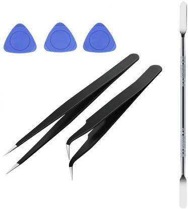 WOWSOME Set of 2 ESD Safe Black Coated Pointed and Curved Tip Tweezers With 1 Metal and 3 Triangle Plastic Openers for Opening & Repair Mobile, Laptop and other Electronic Gadget Speeder Tool