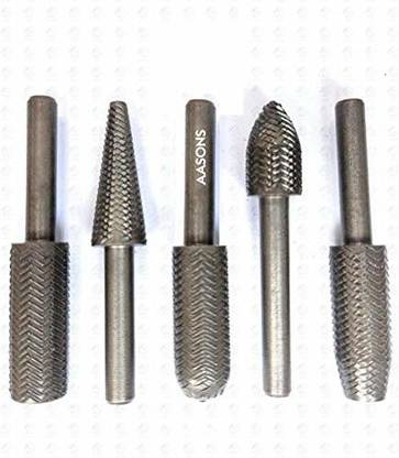 AASONS SS burr set AASONS High Speed Metal File Burr Drill Bit Set Metal Working Rasps 1/4" / 6.35mm Shank Burs Tools Cutting Tool Black 5pcs/set Rotary Bit Set