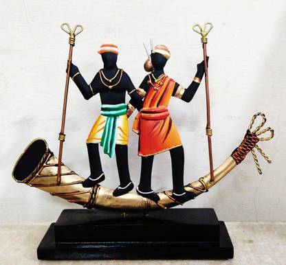 Real Craft Tribal Adivasi Couple Dancing on Trumpet Table Top Artifact Decorative Showpiece  -  20 cm
