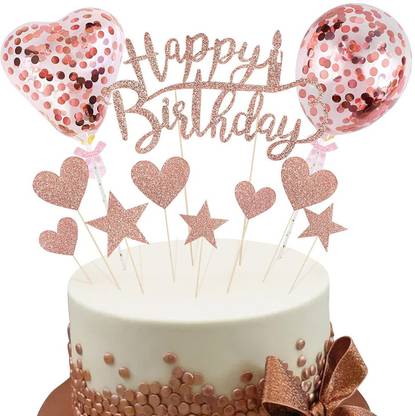 Party Propz Happy Birthday Cake Topper Decoration - Rose Gold Cake Topper, Happy Birthday Cake Topper, Confetti Balloon, Stars Cake Topper for Girl Kid Women Birthday Theme Decor Cake Topper