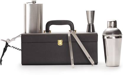 mumbai mixers Bartender Kit with Box|Stainless Steel Bar Tool Set for Drink Mixing: 1 Peg Measurer, 1 Cocktail Shaker, 1 Corkscrew, 1 Ice Tong, 1 Stainless Hip Flask | Best Bartender Kit for Beginners 5 - Piece Bar Set