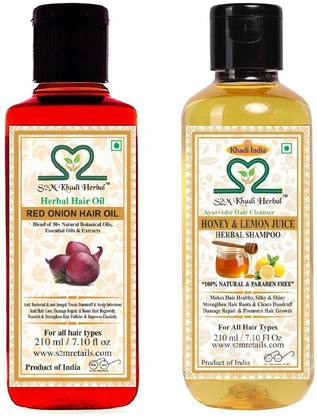 S2M KHADI HERBAL Ayurvedic Hair Care Kit - Honey Lemon Juice Shampoo + Red Onion Hair oil 210 ml each
