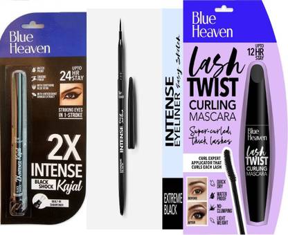 BLUE HEAVEN INTENSE Easy Sketch Eye Liner - (Black), INTENSE Kajal - Black 0.31 g AND LASH TWIST Curling Maskara