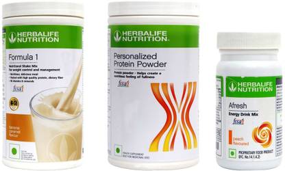 HERBALIFE Weight Loss Combo ( Formula 1 Nutritional Shake Mix - Banana Flavor + Personalized Protein Powder 400 Gram + Afresh Energy Drink Mix - Peach Flavor) For Weight Loss Combo