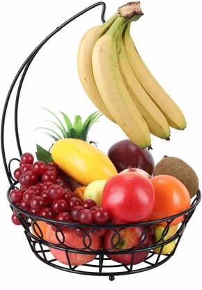 E C Creation Fruit Basket Bowl with Banana Tree Hanger, Chrome Finish Color (Black) Iron Fruit & Vegetable Basket