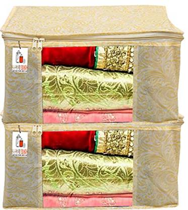 Ganpati Bags Leaf Design 2 Piece Non-Woven Fabric Saree Cover Set With Transparent Window Extra-Large Ganpati-Mart-330