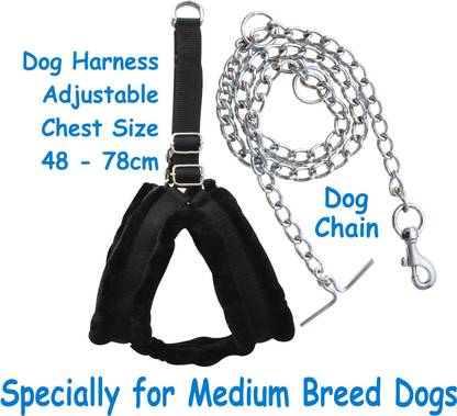 BODY BUILDING Good Quality Nylon Padded Black Fur Dog Harness with Dog Chain 1.2m Lengthy Dog Harness & Chain
