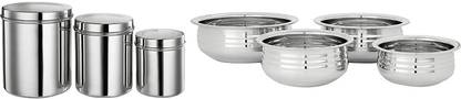 RBGIIT Stainless Steel 3 Pieces Jar Container Set Of 3 Pack Steel Dabba Set With 4 pcs Steel Handi Best Quality Steel Jar Ser / Dibba Combo Storage Tea , Sugar Grocery Store Container Set, Steel Box Kitchen Storage Canister(Dabba),All Use Different Size Dibba Set / Condiments Set With Lid Handi 1 L, 1.5 L, 2 L