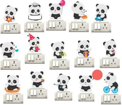KREEPO 11 cm Home Decor different styles of cute Panda pictures Switch board Self Adhesive Sticker For Your Home (set of 15 pieces) Self Adhesive Sticker