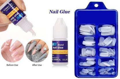FEGURO Artificial Gold Finger Empress Curve Tips Fake Nails with Glue Bottles (White) - Pack of 50 WHITE