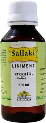 Gufic Sallaki Liniment, 100ml, helps in treatment of Arthritis, Gout, Frozen shoulder, Synovitis, Joint pains and inflammation, Backache, Fibrositis, Cervical and lumbar spondylosis, Arthralgia, Bursitis, Sprain, Strain, Sciatica, Capsulitis, Myositis, Sports injuries, Tenosynovitis.