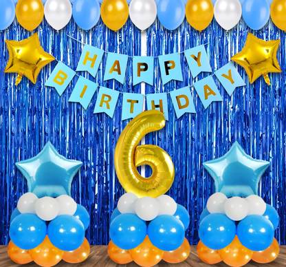 Prihit Happy Birthday Decoration Kit - 38Pcs Blue Theme 6th Birthday Decoration Combo