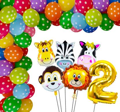 Asthaya Printed Jungle Theme Birthday Decoration - 37Pcs Jungle Theme 2nd Birthday Decorations Kit For Baby Boy & Girl with Polka Dot Printed Happy Birthday Balloons, Jungle Animals Foil Balloons, Number Foil Balloon