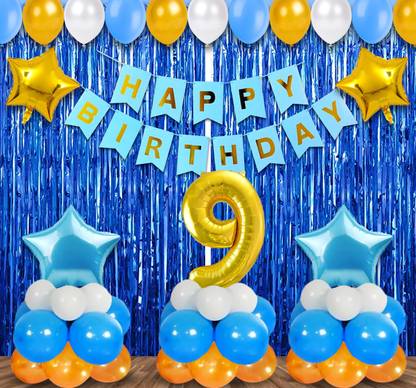 Prihit Happy Birthday Decoration Kit - 38Pcs Blue Theme 9th Birthday Decoration Combo
