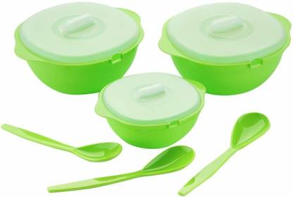 RAAMA Plastic Serving Bowls with Lids & Spoons Set, Microwave Safe, Dinner, Curry Serving (Orange) Bowl Serving Set