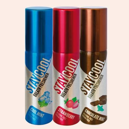 STAY COOL (2 Mint , 1 Sweet ) Breath Freshener Spray Coolmint , Strawberry , Chocolate Pack of 3 Spray