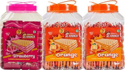 Sher Wafer Biscuit Combo in Strawberry & Orange Flavour | Cream Wafer Biscuit | Teatime Snack | Delicious & Crispy Wafers from Mr. Krunch - Pack of 3 | 40 Pcs in Each Jar | 2160gms Cream Filled Biscuit